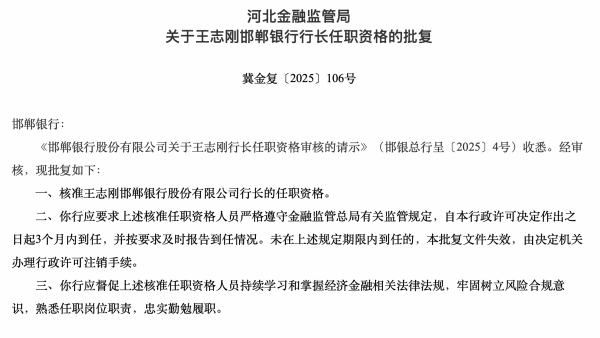 九鼎配资 邯郸银行行长王志刚任职资格获准
